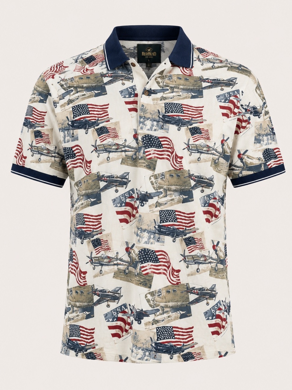 Red Head USA Patriotic Polo Shirt Airplane Flag Print White Blue Casual Vintage